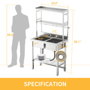 VINGLI 67in 2-Compartment Commercial Sink 304 Stainless Steel Utility Sink with Shelves