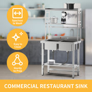 VINGLI 67in 2-Compartment Commercial Sink 304 Stainless Steel Utility Sink with Shelves