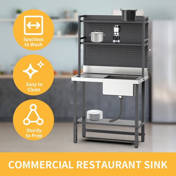 VINGLI 67in 304 Stainless Commercial Sink with Steel Table and Adjusta