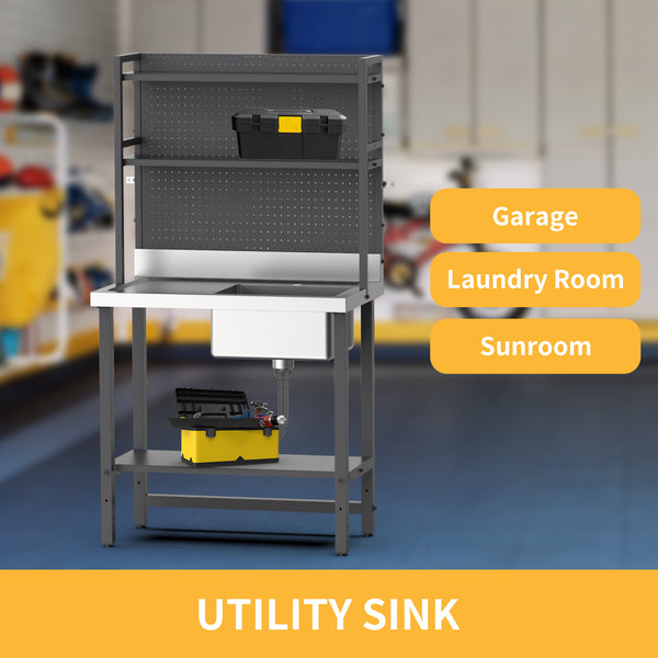 VINGLI 67in 304 Stainless Commercial Sink with Steel Table and Adjusta