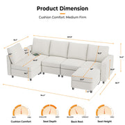 VINGLI SS106 Oversized Modular Sectional Sofa with Storage and Built-in USB Charger Linen