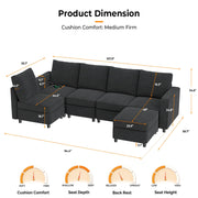 VINGLI SS106 Oversized Modular Sectional Sofa with Storage and Built-in USB Charger Linen