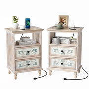 VINGLI Nightstand with Patterned Drawers Boho Nightstand with Charging Station Rustic Bedside Table Washed White