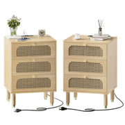 VINGLI Rattan 3-Drawers Nightstand with Charging Station