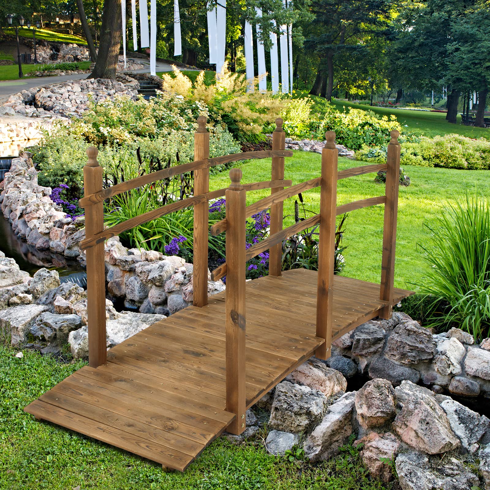 5 Ft Garden Bridge For Outdoors, Wooden Bridge Pathway With Safety