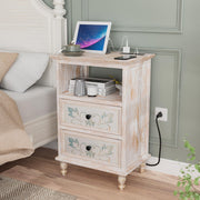 VINGLI Nightstand with Patterned Drawers Boho Nightstand with Charging Station Rustic Bedside Table Washed White