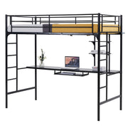 Vingli Metal Bed Frame with Table Shelf Elevated Bed Iron Bed Black