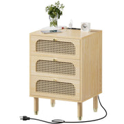 VINGLI Rattan 3-Drawers Nightstand with Charging Station