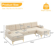 VINGLI 110" Linen Fabric U Shaped Sectional Couch Sofa with Tufted Button