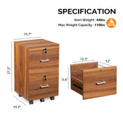 VINGLI 2 Drawer Wood File Cabinet with Lock Mobile Vertical Filing Cabinet with Storage Walnut/Black/Grey/Brown/White