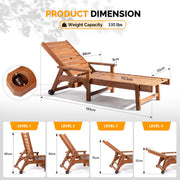 VINGLI Wooden Patio Lounger Chair with Wheels