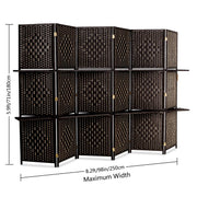 Vingli 4/6 Panels Heavy Duty 6FT Tall Rattan Indoor Folding Room Divider Screens with Partition Wall 2 Display Shelves for Home Office