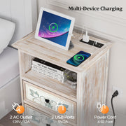 VINGLI Nightstand with Patterned Drawers Boho Nightstand with Charging Station Rustic Bedside Table Washed White