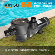 VINGLI 1.5 HP Pool Pump with Dual Speed Above Ground and Inground
