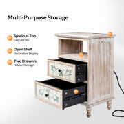 VINGLI Nightstand with Patterned Drawers Boho Nightstand with Charging Station Rustic Bedside Table Washed White