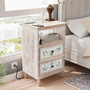 VINGLI Wooden 2-Drawers Nightstand with Carved Flower Pattern