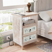 VINGLI Nightstand with Patterned Drawers Boho Nightstand with Charging Station Rustic Bedside Table Washed White