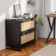 VINGLI Wood Rattan 2-Drawer Lateral File Cabinet with Lock for Home Office Black/Oak/White