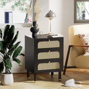 VINGLI Rattan Nightstand with 3 Drawers Farmhouse Bedside Table Black/White