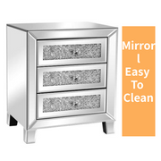 VINGLI Mirrored Nightstand With 3 Drawers Modern End Bedside Table with Mirrored Silver