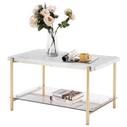 VINGLI 36in Faux Marble Coffee Table 2-Tier Rectangular Glass Bottom Table Champagne Gold White