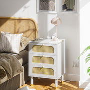 VINGLI Rattan Nightstand with 3 Drawers Farmhouse Bedside Table Black/White