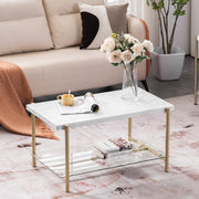 VINGLI 36in Faux Marble Coffee Table 2-Tier Rectangular Glass Bottom Table Champagne Gold White