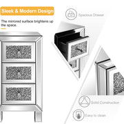 VINGLI Mirrored Nightstand With 3 Drawers Modern Glass  End Bedside Table With Mirrored Silver