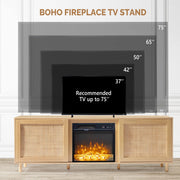 VINGLI 75in TV Stand Electric Fireplace TV Stand Entertainment Center Rattan TV Stand with 2 Side Natural Rattan Doors Natural