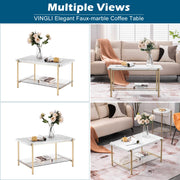 VINGLI 36in Faux Marble Coffee Table 2-Tier Rectangular Glass Bottom Table Champagne Gold White