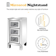 VINGLI Mirrored Nightstand With 3 Drawers Modern Glass  End Bedside Table With Mirrored Silver