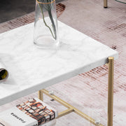 VINGLI 36in Faux Marble Coffee Table 2-Tier Rectangular Glass Bottom Table Champagne Gold White