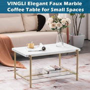 VINGLI 36in Faux Marble Coffee Table 2-Tier Rectangular Glass Bottom Table Champagne Gold White