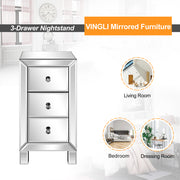 VINGLI Mirrored Nightstand with 3-Drawers Mirrored Furniture for Bedroom Living Room