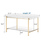 VINGLI 36in Faux Marble Coffee Table 2-Tier Rectangular Glass Bottom Table Champagne Gold White