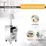 VINGLI Mirrored Nightstand With 3 Drawers Modern Glass  End Bedside Table With Mirrored Silver