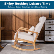 VINGLI Rocking Chair High with Wooden Armrest Upholstered Backrest Beige