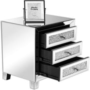 VINGLI Mirrored Nightstand With 3 Drawers Modern End Bedside Table with Mirrored Silver