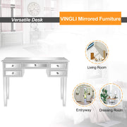 VINGLI Mirrored Vanity Desk with 5-Drawers Modern Console Table Makeup Table Silver