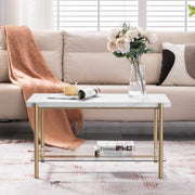 VINGLI 36in Faux Marble Coffee Table 2-Tier Rectangular Glass Bottom Table Champagne Gold White