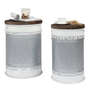 VINGLI 2pcs Rustic Galvanized Metal Ottomans Seat Stool Farmhouse Storage Side Table Bins with Round Wooden Lid Dark Grey/ Light Grey