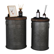 VINGLI 2pcs Rustic Galvanized Metal Ottomans Seat Stool Farmhouse Storage Side Table Bins with Round Wooden Lid Dark Grey/ Light Grey