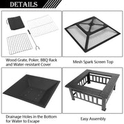 VINGLI 32 Inch Outdoor Square Fire Pit Table Black FP0SS32