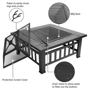 VINGLI 32in Outdoor Fire Pit Multifunctional Portable Outside Wood Burning Firepit Square Metal Fireplace Table with Barbecue/Cooking Grill