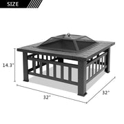 VINGLI 32in Outdoor Fire Pit Multifunctional Portable Outside Wood Burning Firepit Square Metal Fireplace Table with Barbecue/Cooking Grill