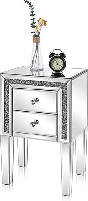 VINGLI Silver Mirrored Nightstand with 2-Drawer