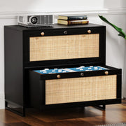 VINGLI Wood Rattan 2-Drawer Lateral File Cabinet with Lock