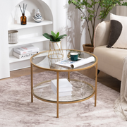 VINGLI 2-Tier Glass Round Coffee Table with Storage