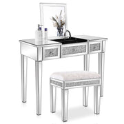VINGLI Mirrored Console Table 3 Drawer Mirrored Makeup Vanity Table Desk with Stool Silver