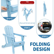 VINGLI 4 PCS HDPE Plastic Adirondack Folding Chairs Set Waterproof with Ottoman Cup Holder 380lb White/Blue